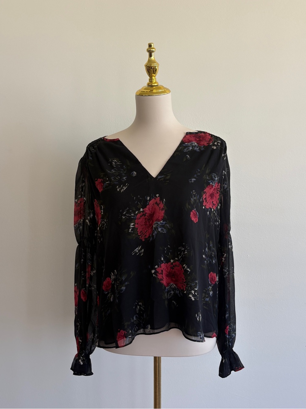 Joie Anjanette Silk Floral Blouse XS Black Sheer Long Sleeve